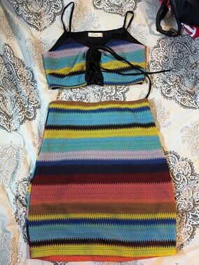 Crochet Stripe Two-Piece Set with Lace-Up Bralette - Multicolor